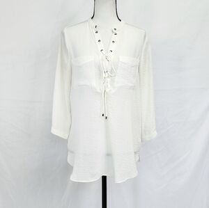 A.n.a Off White Chiffon Lace Up Blouse